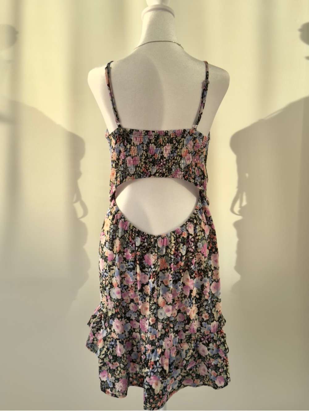 Blashe Black Pink Floral Ruched Cami Mini Dress Sweetheart Ruffle Hem - Picture 6 of 8